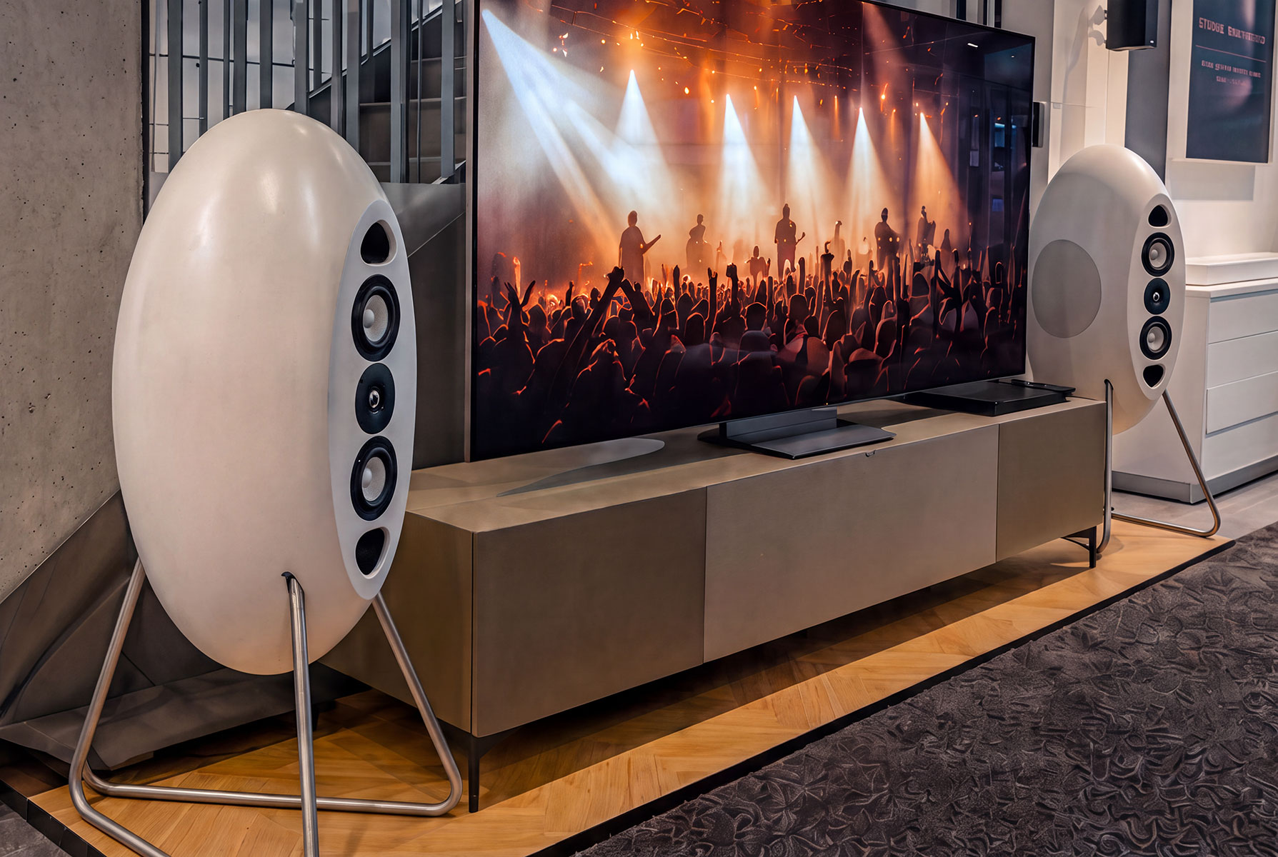 Two white musegg® floorstanding speakers used as TV speakers beside a television